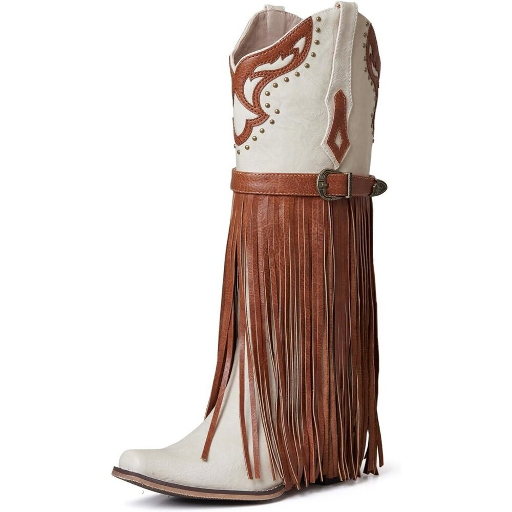 ⚡Women's 1 Beige Brown Microfiber Chunky Heel Fringe Pull-On Mid Calf Boots